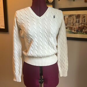 Ralph Lauren Cream Cable Knit V-Neck Sweater